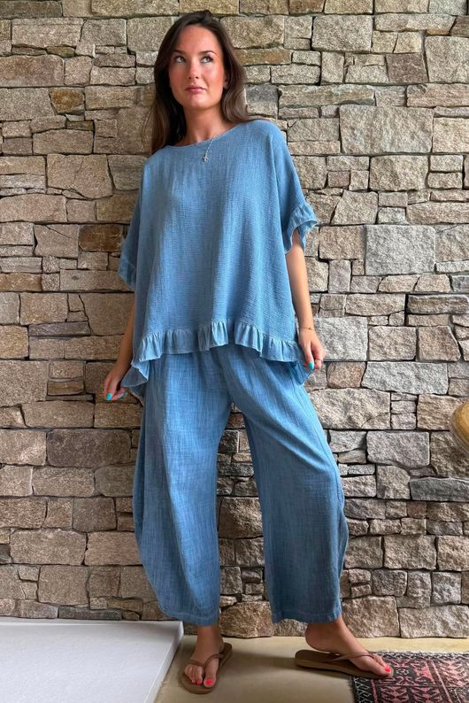 Frame Hopsack Frill Box Top Washed Denim